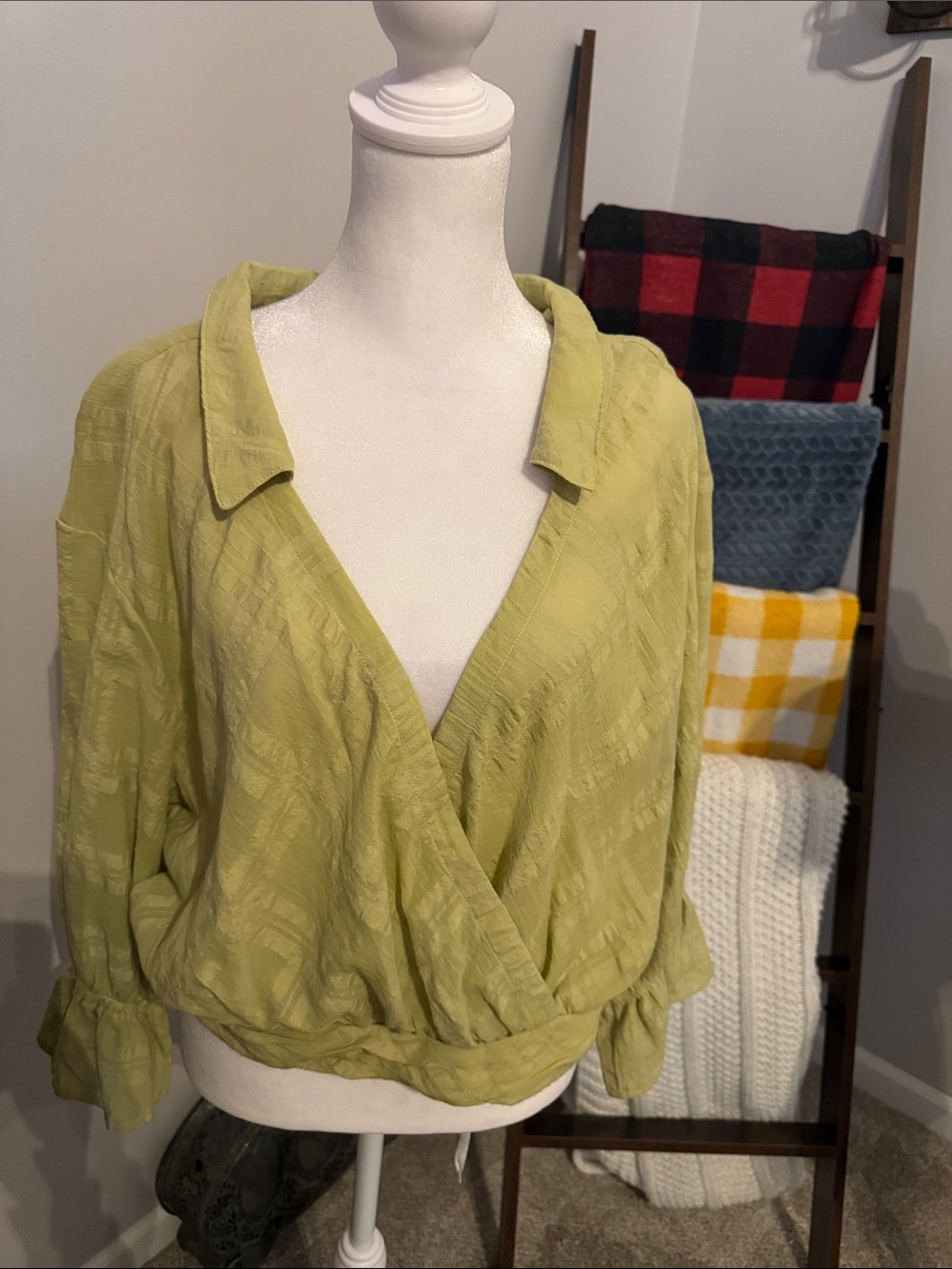 Anthropologie Olive Green Wrap-Front Blouse